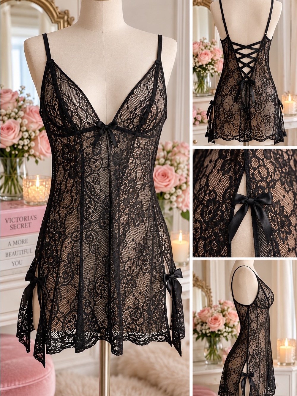 Victoria’s Secret 2007 Y2K Black Lace Silk Corset Babydoll S
